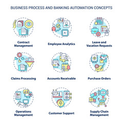 Fototapeta premium Business process and banking automation concept icons set. Autonomous operations idea thin line color illustrations. Isolated symbols. Editable stroke. Roboto-Medium, Myriad Pro-Bold fonts used