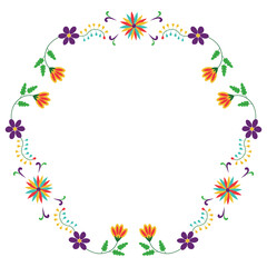Fototapeta na wymiar Round frame with flower design. Style of traditional Mexican embroidery Otomi.
