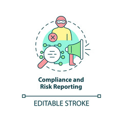 Compliance and risk reporting concept icon. Cybersecurity. Automated banking abstract idea thin line illustration. Isolated outline drawing. Editable stroke. Arial, Myriad Pro-Bold fonts used