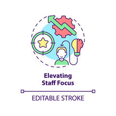 Elevating staff focus concept icon. Automated process. Benefits of BPA in banking abstract idea thin line illustration. Isolated outline drawing. Editable stroke. Arial, Myriad Pro-Bold fonts used