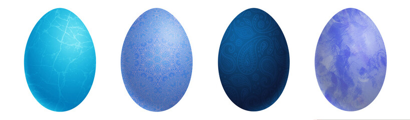 Blue eggs with marble, geometric, paisley and watercolor stains pattern. Isolated on white background. Best for Easter design. 