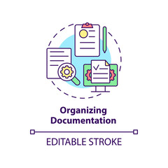 Organizing documentation concept icon. Benefits of BPA in banking abstract idea thin line illustration. Isolated outline drawing. Editable stroke. Arial, Myriad Pro-Bold fonts used - obrazy, fototapety, plakaty