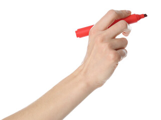 Woman holding red marker on white background, closeup