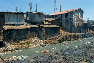 Mathare River Slum , informal settlement in Kenya,  East Africa. African informal settlement in the...