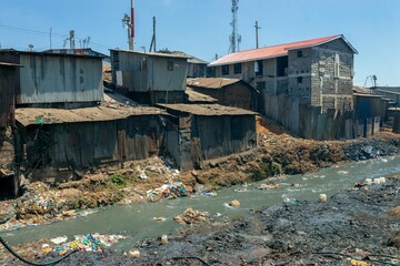 Mathare River Slum , informal settlement in Kenya,  East Africa. African informal settlement in the slum