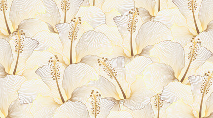 Luxury gold hibiscus pattern on white background. Golden flowers line arts design. Tropical floral texture decoration. Luxury and elegant hand drawn golden hibiscus graphic elements.