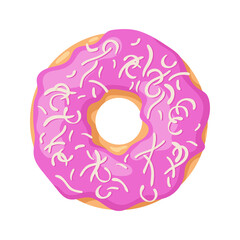Colorful glazed donut isolated on white background. View from above. Vector illustration in cartoon flat style