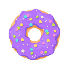 Colorful glazed donut isolated on white background. View from above. Vector illustration in cartoon flat style