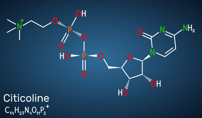 Citicoline, CDP-choline, cytidine diphosphate-choline molecule. It is used as a nutritional supplement. Structural chemical formula on the dark blue background