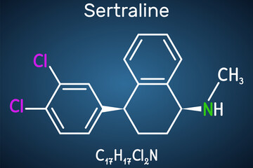 Sertraline molecule. It is antidepressant, used to treat depressive disorder, social anxiety disorder, other psychiatric conditions. Structural chemical formula on the dark blue background.