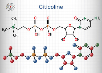 Citicoline, CDP-choline, cytidine diphosphate-choline molecule. It is used as a nutritional supplement. Structural chemical formula and molecule model. Sheet of paper in a cage
