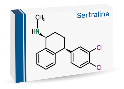 Sertraline molecule. It is antidepressant, used to treat depressive disorder, social anxiety disorder, other psychiatric conditions.. Skeletal chemical formula. Paper packaging for drugs.