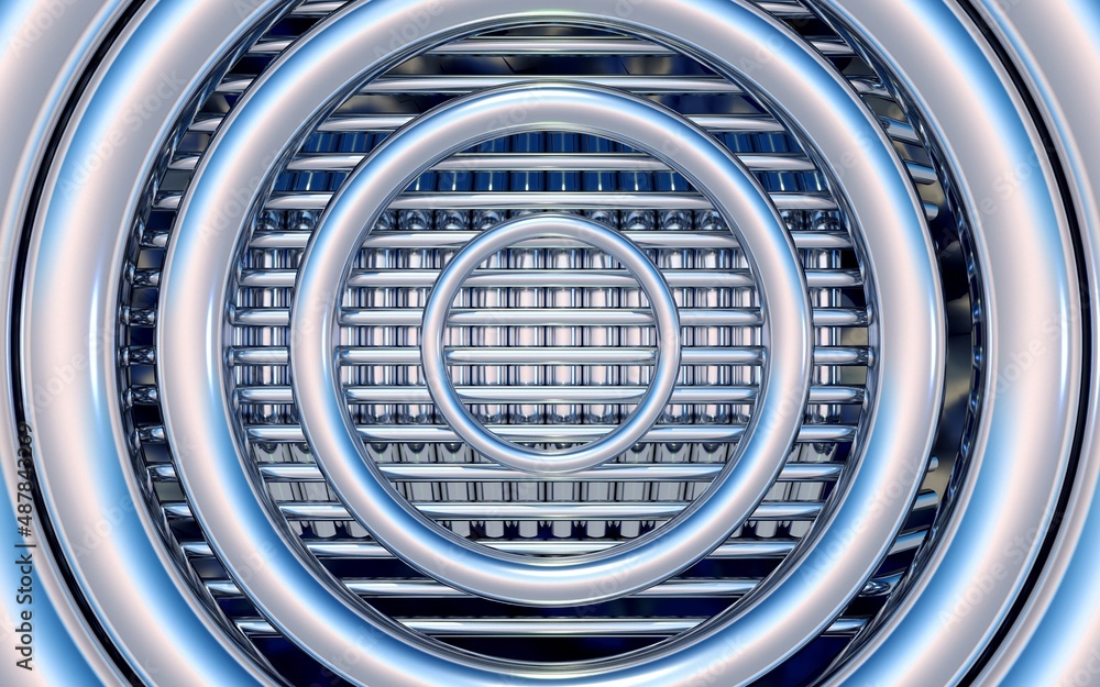Poster abstract background with chrome circles over metallic pipes. 3d illustration