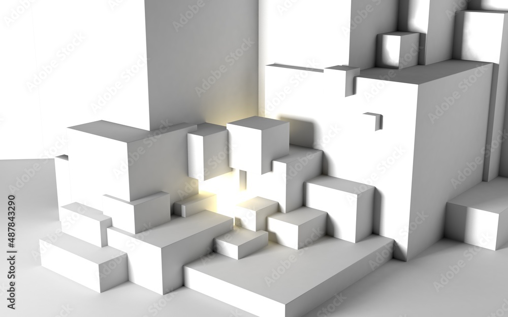 Poster abstract architectural background with cube construction or stage and light beam inside. 3d illustra