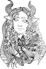 Girl with horns and elf ears, coloring book in zen style
