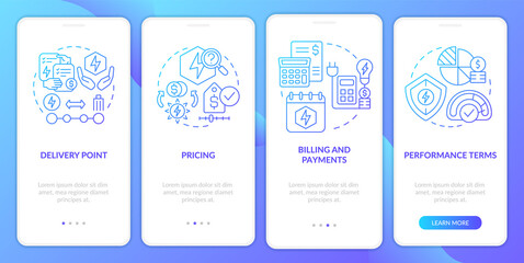 PPA sales blue gradient onboarding mobile app screen. Commercial terms walkthrough 4 steps graphic instructions pages with linear concepts. UI, UX, GUI template. Myriad Pro-Bold, Regular fonts used