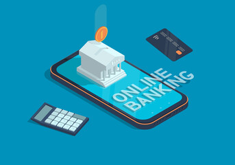 Isometric online banking concept with smartphone