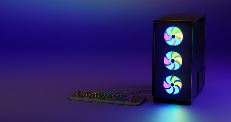 Gaming keyboard with RGB light and PC case,copy space. Game space. 3d render.