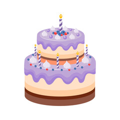 Birthday Cake with Blueberry Icing, Marshmallows, Berries and Candles. Festive Sweet Dessert or Pastries. Vector Illustration.