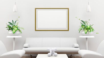 Fototapeta na wymiar Horizontal frame mockup in living room interior with indoor plants on empty white wall background. 3D rendering. 3D illustration.