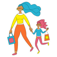 Mother and daughter shopping together. Rush to discounts and sales. Flat style. Isolated objects on a white background.