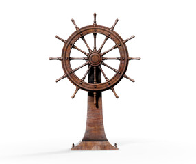 The boat steering wheel is surrounded by Pirate ship, card chest, cannon and compass on the beach.-3d rendering.