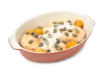 Delicious chicken fillets with capers, tomatoes and sauce in baking dish isolated on white