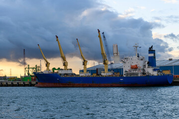 Naklejka premium Blue refrigerated cargo vessel moored in port. Loading of cargo.