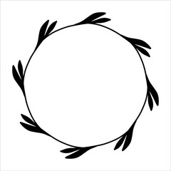 Vector hand drawn spring wreath isolated on white background. Silhouette circle of leaves. Doodle style. Floral frame.