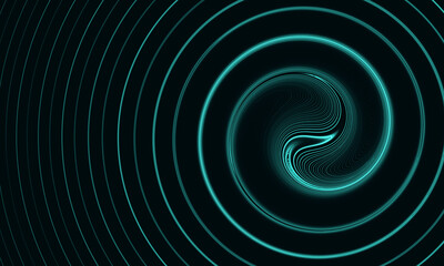 Neon aqua blue spiral with fluid ripples over dark background. Digital 3d representation of music rhythm, audio sound, cyber vibration. Great as wallpaper, cover print for electronics, design element. - 487846642