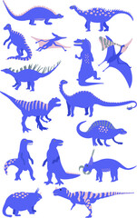 Set of vector dinosaur illustration  in colorful trendy colors. Pink, violet, very peri. Great for kids nursery products, fabric and textile.  Cute dinos for kids projects