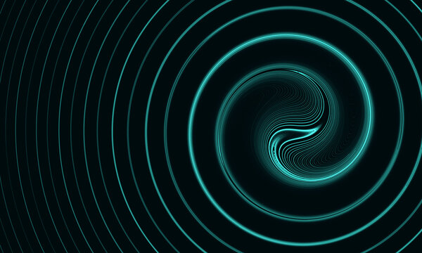 Neon aqua blue spiral with fluid ripples over dark background. Digital 3d representation of music rhythm, audio sound, cyber vibration. Great as wallpaper, cover print for electronics, design element.