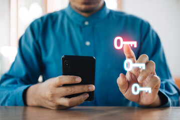Mobile security concept, Man using a digital generated phone with security key