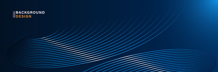 Abstract modern glowing curve lines on dark blue horizontal background. Trendy futuristic simple curved stripes pattern creative design. Suit for poster, website, brochure, flyer, presentation, banner