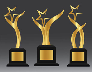 Golden star trophy award of different shape realistic set isolated on gradient background.