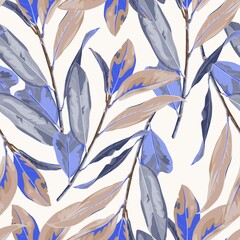 Floral seamless pattern, abstract violet magnolia plant branches with leaves on white.  © Iuliia