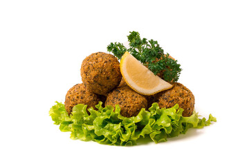 Chickpea falafel balls, on a white background, close-up, vegetarian food,