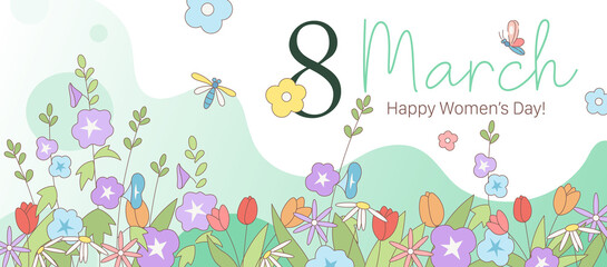 Floral Cute Banner for the Women's Day.  Spring March 8 Card with the decor of flowers. Natural background with 8 and flowers in cartoon cute springtime style. Vector.