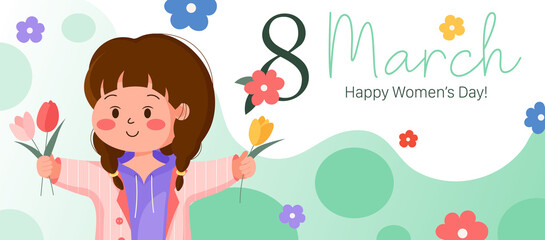 Spring cute banner for women's day. 8 march background with happy young girl with flowers and abstract rounded shaped. Floral vector graphic design