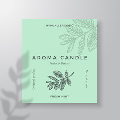 Aroma candle vector label template. Mint leaves scent from local purveyors advert design. Ink style sketch background layout decor Natural smell product package text space