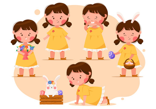 Clipart with a cute girl with flowers, rabbit and easter eggs. Easter cartoon set of vector illustrations with child girl. Easter hunt with bunny, girl and flowers. Different poses