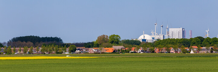 Panoramic view of village and nuclear power plant Borssele in Zeeland in The Netherlands