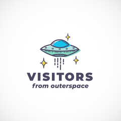 Alien Visitors Abstract Vector Sign, Symbol, Logo Template. Outline UFO Silhouette with Modern Typography. Science Fiction Fantastic Character Emblem Isolated