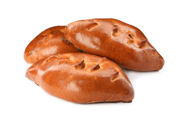 Many delicious baked patties on white background