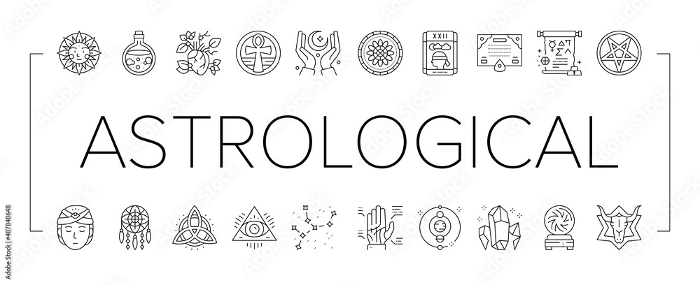 Poster astrological objects collection icons set vector .