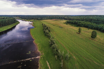 beautiful view of the Volga river from a quadrocopter in the Zubtsovsky district.