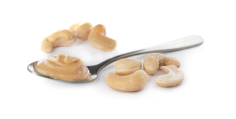 Spoon with tasty cashew butter isolated on white