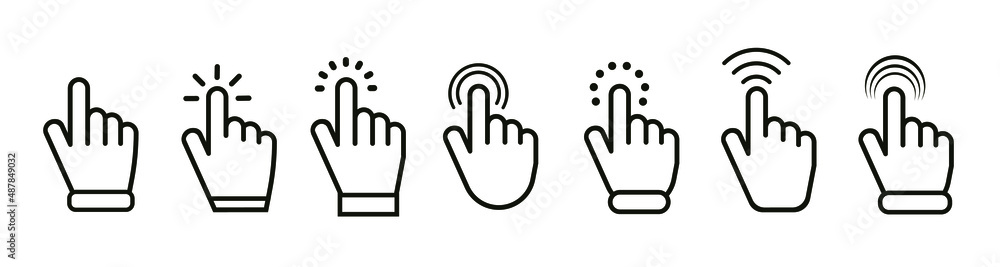 Poster hand clicking icon set. finger cursor click pointer collection. vector - stock