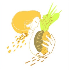 Golden line abstract drawing summer hand drawing, man, woman with pineapple, summer palette.