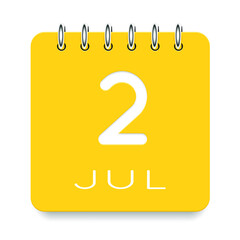 02 day of the month. July. Cute yellow calendar daily icon. Date day week Sunday, Monday, Tuesday, Wednesday, Thursday, Friday, Saturday. Cut paper. White background. Vector illustration.